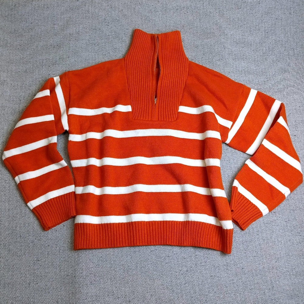 Unbranded Quarter Zip Sweater Womens XL Orange Striped Ribbed Knit Pullover